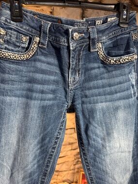 Miss Me Dark Blue Straight Leg Jeans with Embellished Pockets